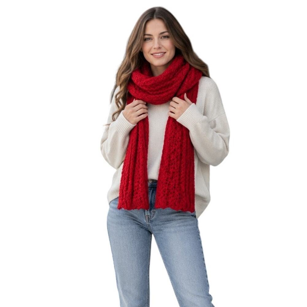 Dillard's Red Crochet Scarf Shawl, 64"x13"